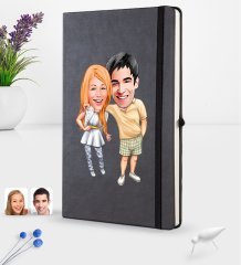 Kişiye Özel Sevgililer Karikatürlü Siyah Termo Deri Defter 16x24cm Model 98