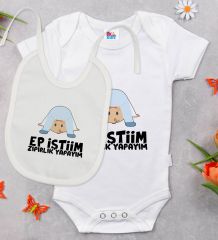 BK Kids Ep İsterim Zıpırlık Tasarımlı Beyaz Bebek Body Zıbın ve Mama Önlüğü Hediye Seti-1
