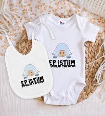 BK Kids Ep İsterim Zıpırlık Tasarımlı Beyaz Bebek Body Zıbın ve Mama Önlüğü Hediye Seti-1