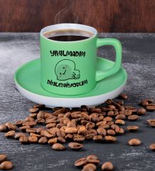BK Gift Yıkılmadım Dinleniyorum Tasarımlı Mat Yeşil Renk Türk Kahvesi Fincanı-1, Renkli Türk Kahvesi Fincanı