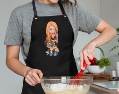 BK Gift Kişiye Özel Kadın Chef Karikatürlü Profesyonel Siyah Mutfak Önlüğü, Aşçı Önlüğü, Şef Önlüğü, Arkadaşa Hediye-8