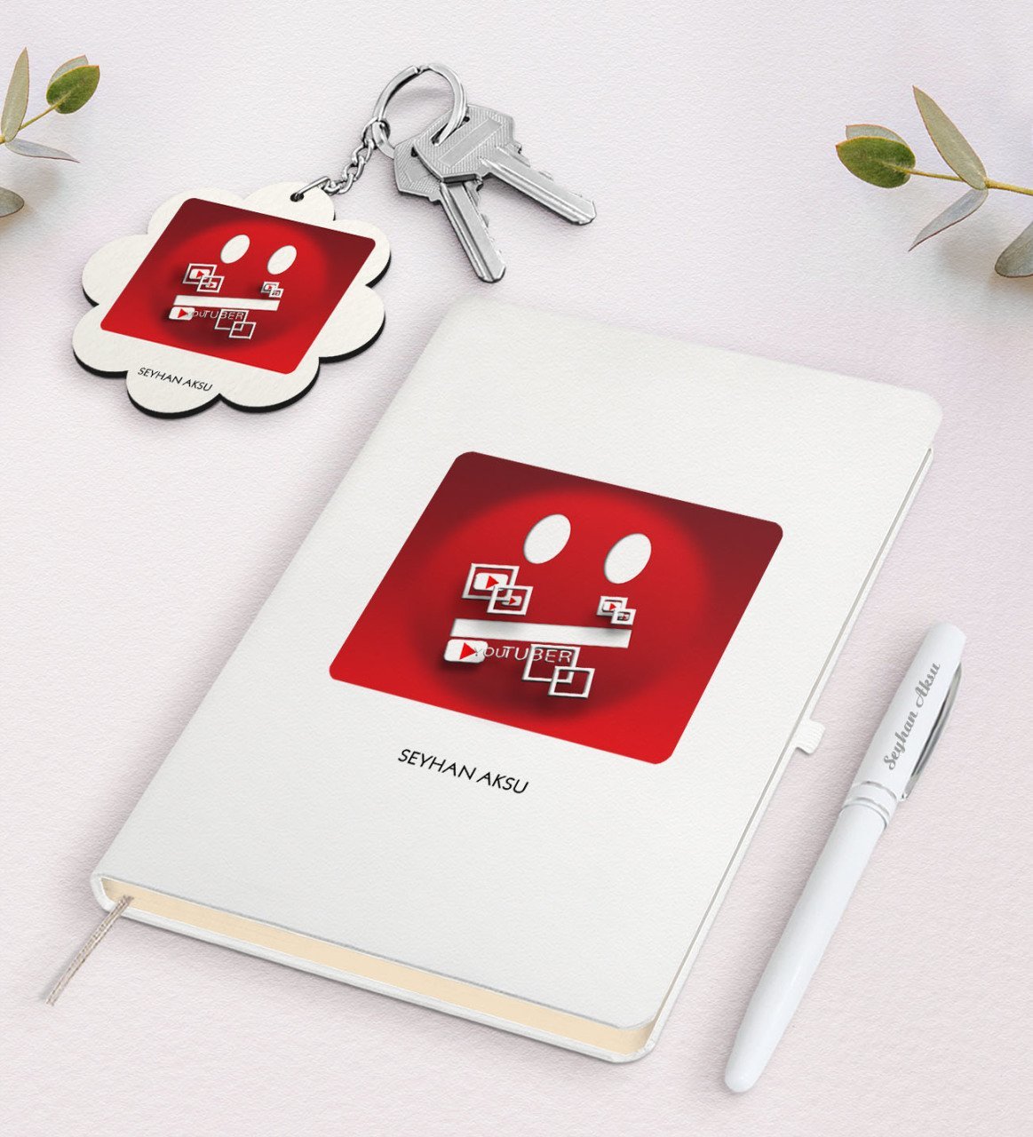 Kişiye Özel Youtuber Beyaz Defter Kalem ve Anahtarlık Hediye Seti-2