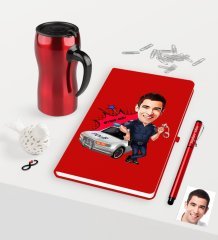 Kişiye Özel Bay Trafik Polisi Karikatürlü Kırmızı Defter Kalem Termos Mug Seti - 1