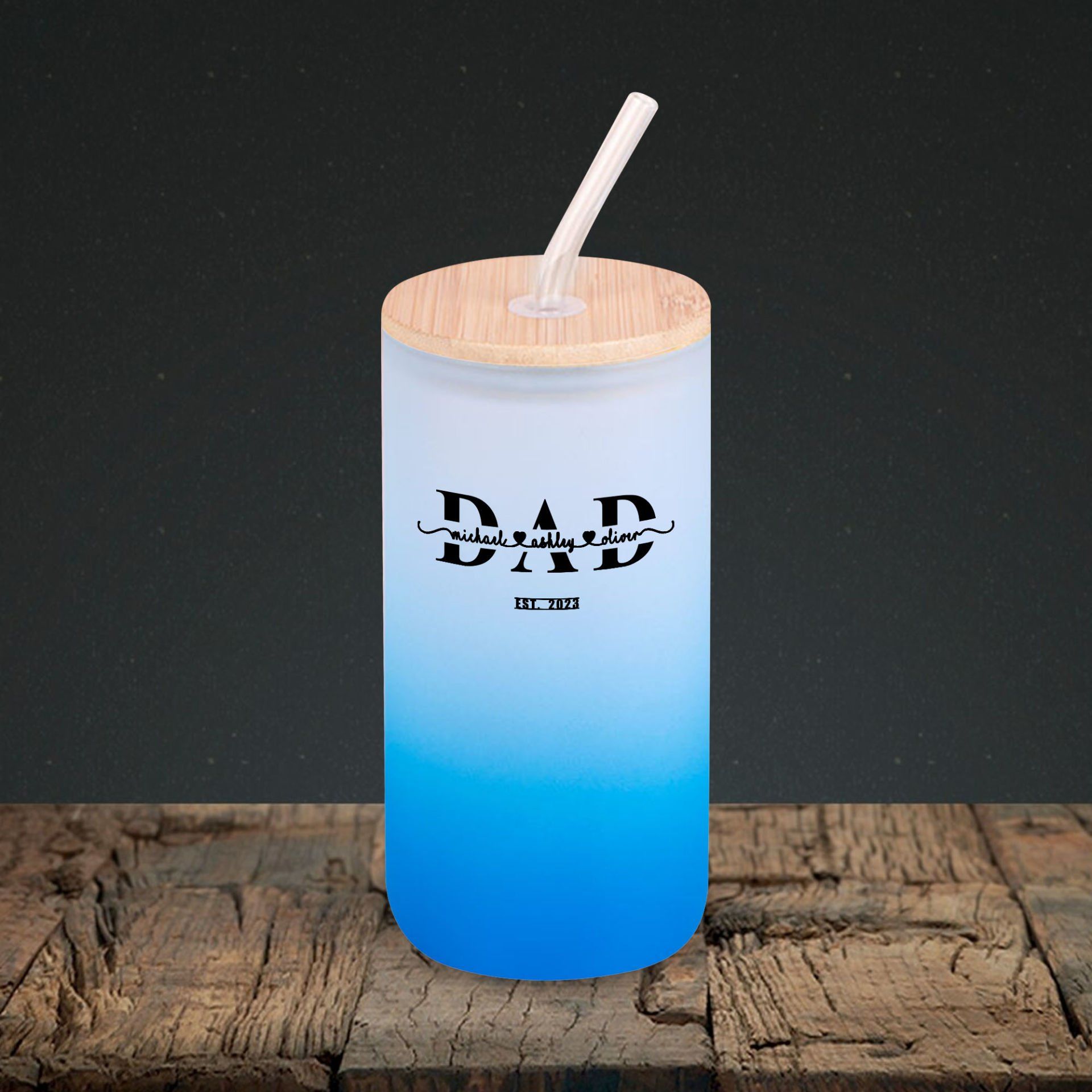 BK Gift İsimli Dad Tasarımlı Mavi Renk Pipetli Buzlu Cam Bardak 600ml - 1, Babaya Hediye, Doğum Günü Hediyesi