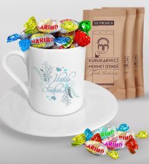 Kişiye Özel Sevgililer Günü Türk Kahvesi Fincanı Mehmet Efendi Kahve ve Haribo Şeker Hediye Seti-122