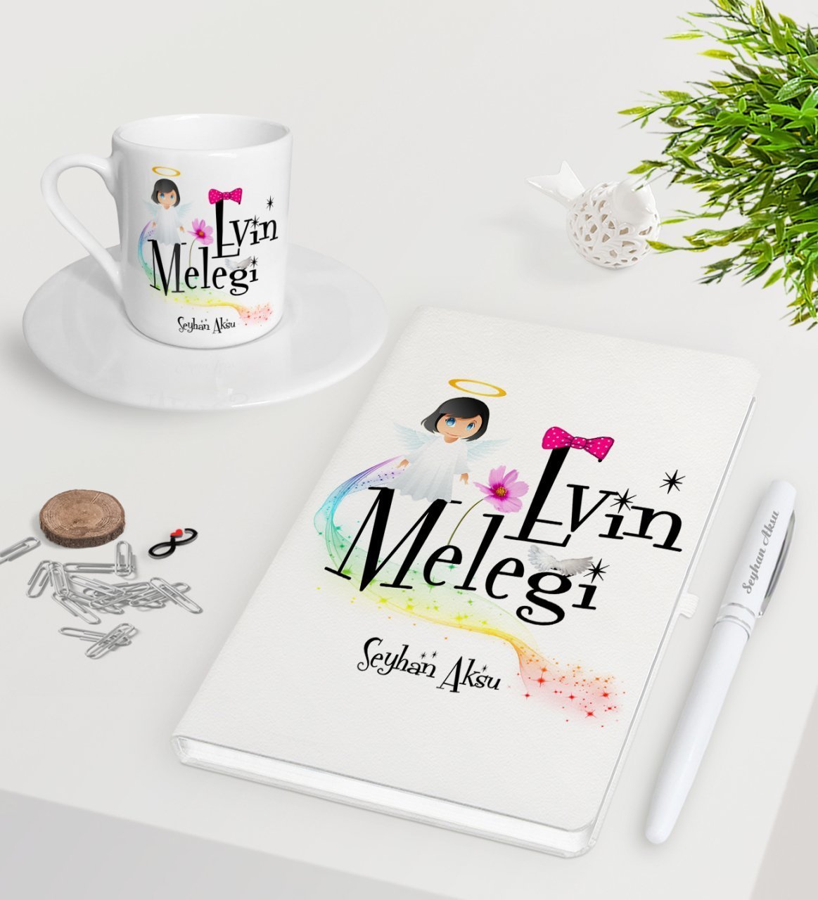 Kişiye Özel Evin Meleği Beyaz Defter Kalem Türk Kahvesi Fincanı Seti-1