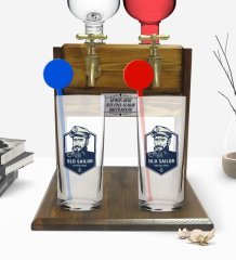 Kişiye Özel Renkli Baskılı Denizci Tasarımlı İkili Vodka Bardağı ve Çift Musluklu Doğal Ahşap Vodka Standı-1