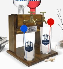 Kişiye Özel Renkli Baskılı Denizci Tasarımlı İkili Vodka Bardağı ve Çift Musluklu Doğal Ahşap Vodka Standı-1