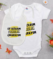 BK Kids Ep İsterim Tasarımlı Beyaz Bebek Body Zıbın ve Mama Önlüğü Hediye Seti-6