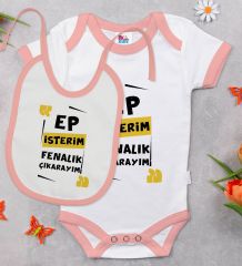 BK Kids Ep İsterim Tasarımlı Pembe Bebek Body Zıbın ve Mama Önlüğü Hediye Seti-1