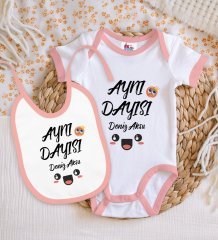 BK Kids Kişiye Özel Aynı Dayısı Tasarımlı Pembe Bebek Body Zıbın ve Mama Önlüğü Hediye Seti