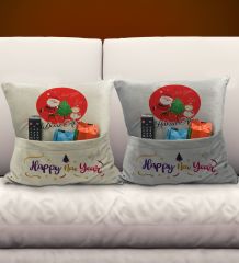 BK Gift Kişiye Özel Yılbaşı Tasarımlı 2'li Organizer Kumanda ve Atıştırmalık Cepli Krem&Gri Kırlent Yastık- 8, Yılbaşı Hediyesi, Yeni Yıl Hediyeleri