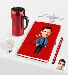 Kişiye Özel Bay Polis Karikatürlü Kırmızı Defter Kalem Termos Mug Seti - 3