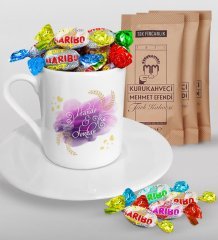 Kişiye Özel Sevgililer Günü Türk Kahvesi Fincanı Mehmet Efendi Kahve ve Haribo Şeker Hediye Seti-121