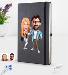 Kişiye Özel Sevgililer Karikatürlü Siyah Termo Deri Defter 16x24cm Model 93