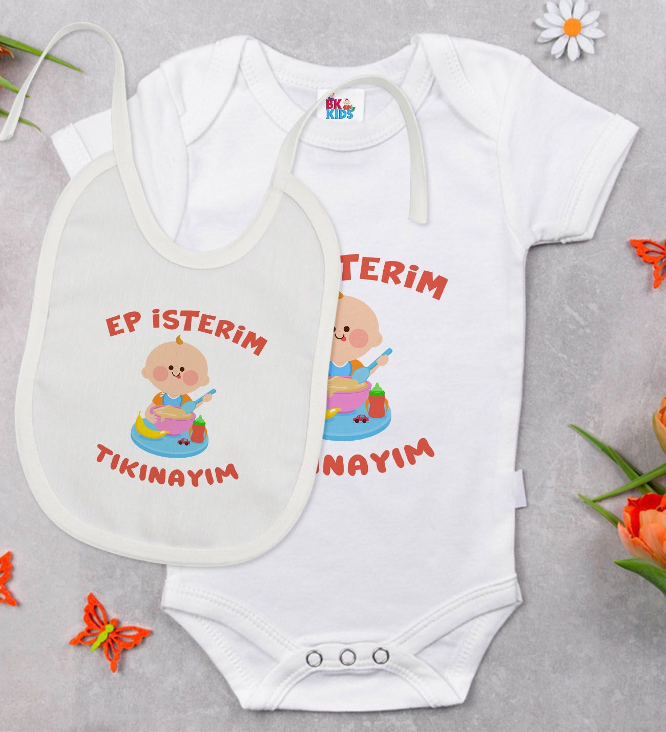 BK Kids Ep İsterim Tasarımlı Beyaz Bebek Body Zıbın ve Mama Önlüğü Hediye Seti-5