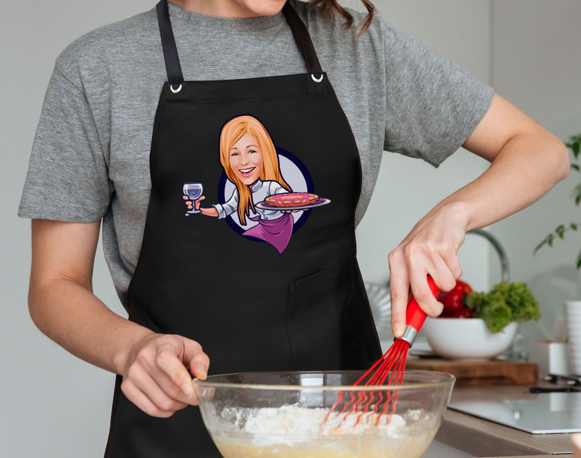 BK Gift Kişiye Özel Kadın Chef Karikatürlü Profesyonel Siyah Mutfak Önlüğü, Aşçı Önlüğü, Şef Önlüğü, Arkadaşa Hediye-6