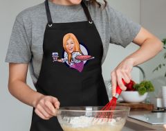 BK Gift Kişiye Özel Kadın Chef Karikatürlü Profesyonel Siyah Mutfak Önlüğü, Aşçı Önlüğü, Şef Önlüğü, Arkadaşa Hediye-6