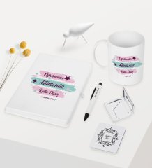 Kişiye Özel Öğretmenler Gününüz Kutlu Olsun Temalı Beyaz Defter Kalem Kupa Ayna Seti - 4