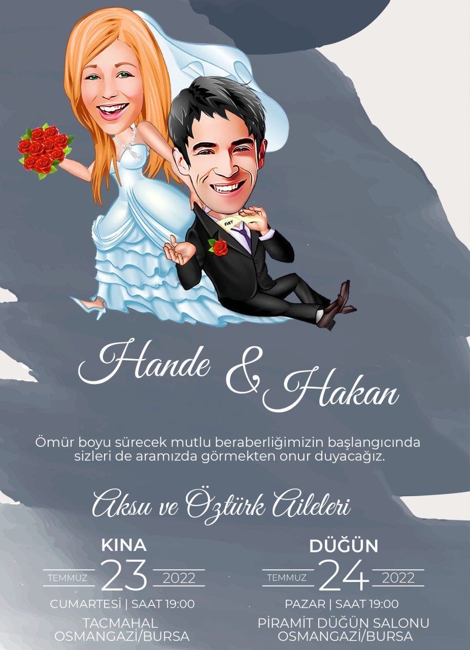 Kişiye Özel Karikatürlü Bitmeyen Düğün Davetiyesi Model 66