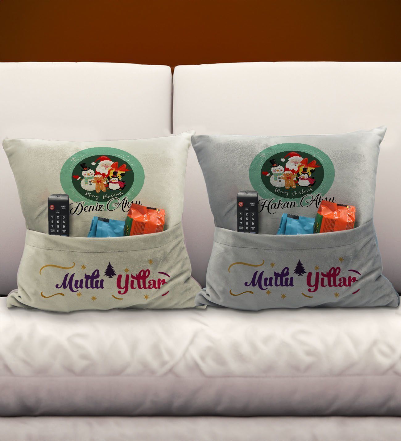BK Gift Kişiye Özel Yılbaşı Tasarımlı 2'li Organizer Kumanda ve Atıştırmalık Cepli Krem&Gri Kırlent Yastık- 7, Yılbaşı Hediyesi, Yeni Yıl Hediyeleri