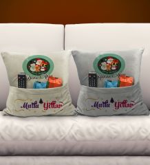 BK Gift Kişiye Özel Yılbaşı Tasarımlı 2'li Organizer Kumanda ve Atıştırmalık Cepli Krem&Gri Kırlent Yastık- 7, Yılbaşı Hediyesi, Yeni Yıl Hediyeleri
