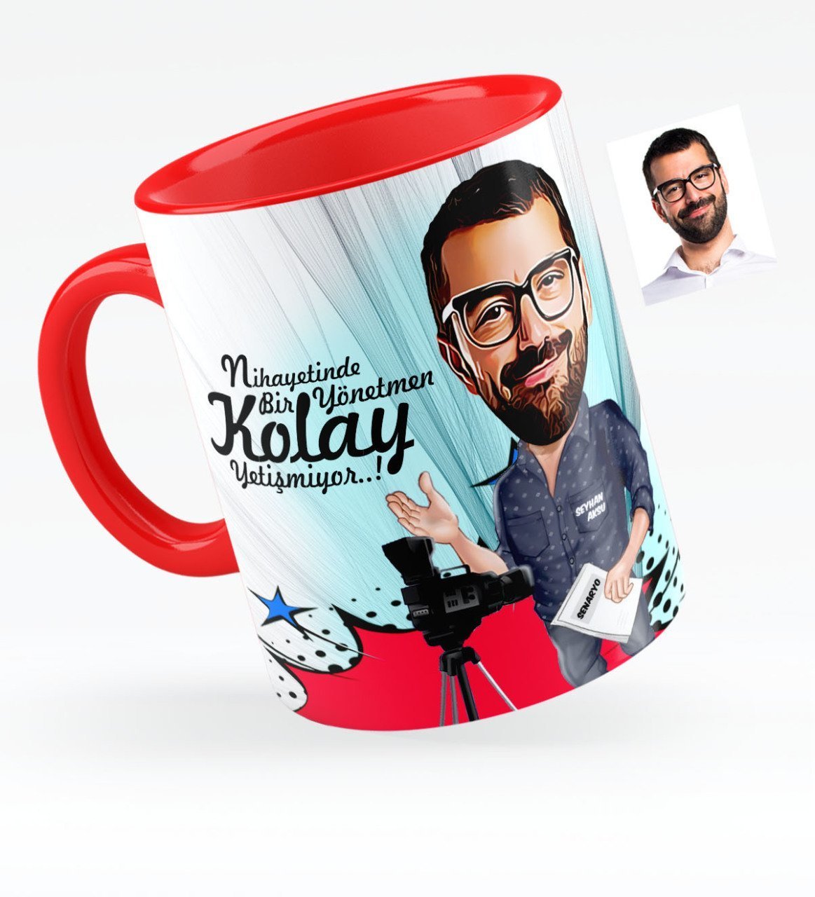 Kişiye Özel Bay Yönetmen Karikatürlü Kırmızı Kupa Bardak - 1