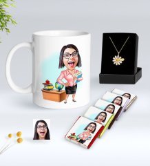Kişiye Özel Bayan Öğretmen Karikatürlü Beyaz Kupa Çikolata ve İsimli Papatya Kolye Hediye Seti-5
