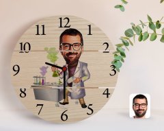 Kişiye Özel Erkek Kimya Öğretmeni Karikatürlü Otantik Ahşap Palet Saat-2