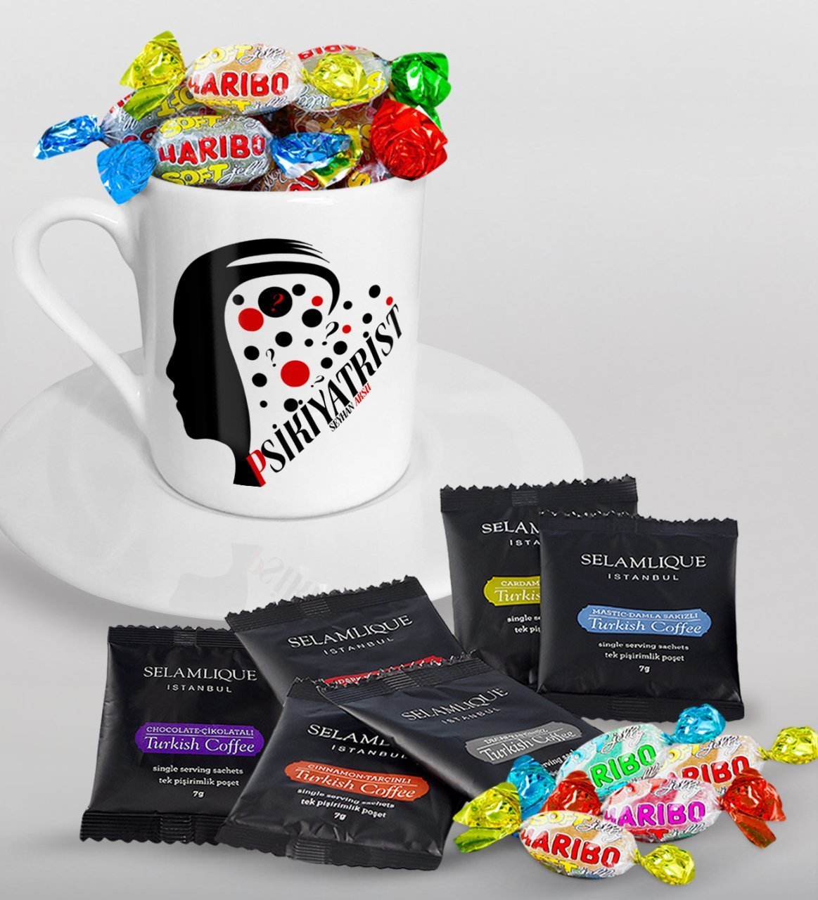 Kişiye Özel Psikiyatrist Türk Kahvesi Fincanı Selamlique Karışık Türk Kahvesi ve Haribo Şeker Hediye Seti-3