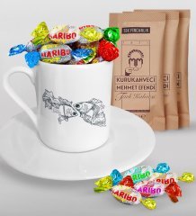 Kişiye Özel Sevgililer Günü Türk Kahvesi Fincanı Mehmet Efendi Kahve ve Haribo Şeker Hediye Seti-120