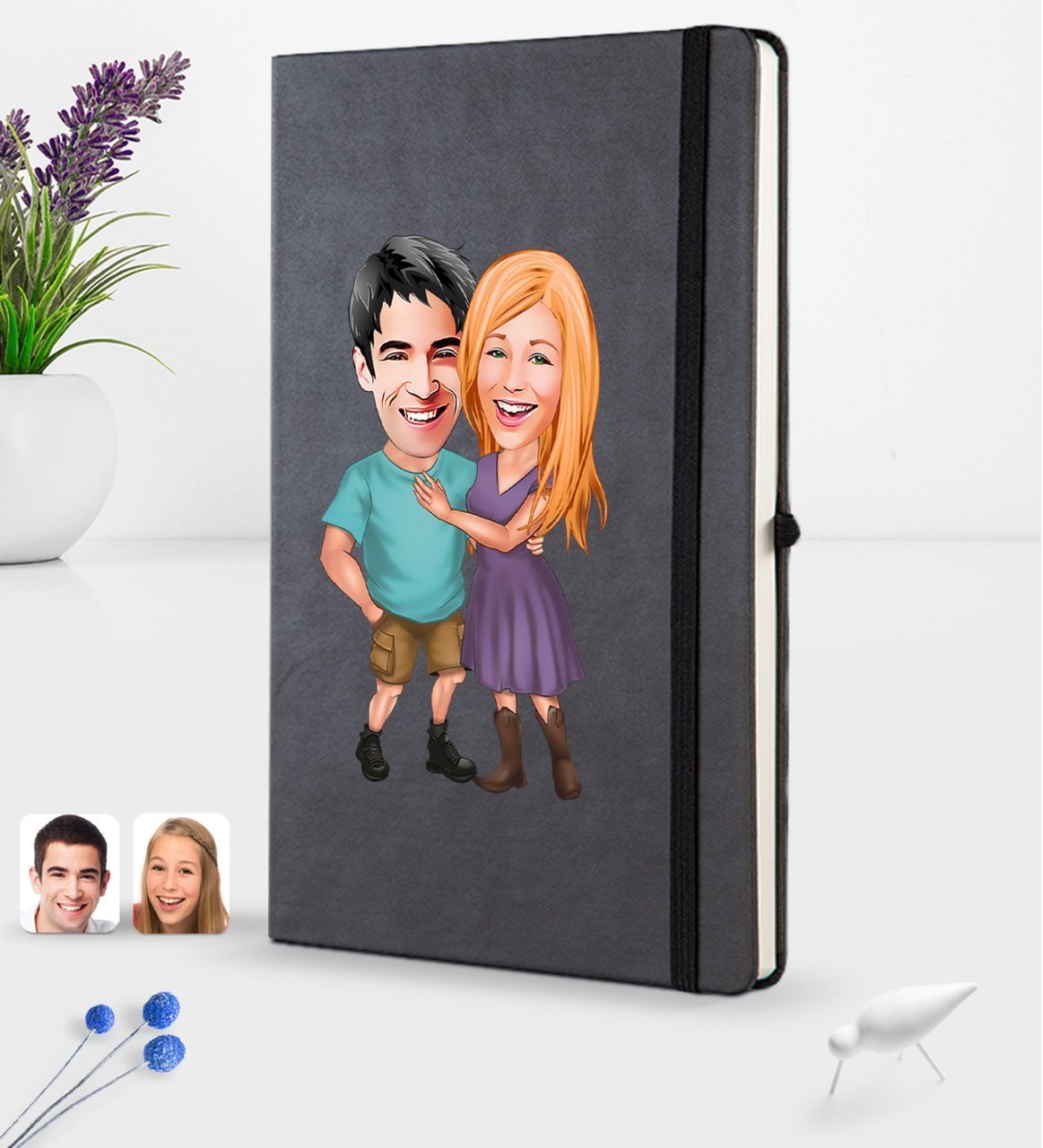 Kişiye Özel Sevgililer Karikatürlü Siyah Termo Deri Defter 16x24cm Model 80