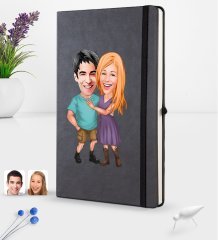 Kişiye Özel Sevgililer Karikatürlü Siyah Termo Deri Defter 16x24cm Model 80