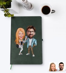 Kişiye Özel Sevgililer Karikatürlü Yeşil Termo Deri Defter Model 93