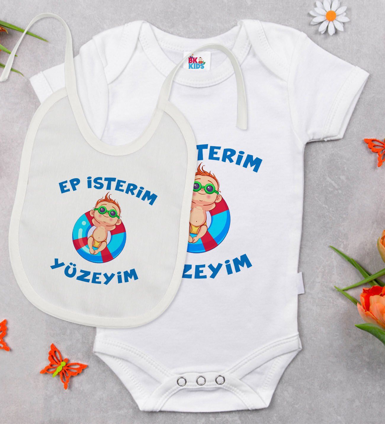 BK Kids Ep İsterim Tasarımlı Beyaz Bebek Body Zıbın ve Mama Önlüğü Hediye Seti-4