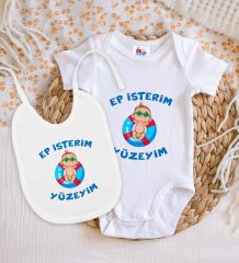 BK Kids Ep İsterim Tasarımlı Beyaz Bebek Body Zıbın ve Mama Önlüğü Hediye Seti-4