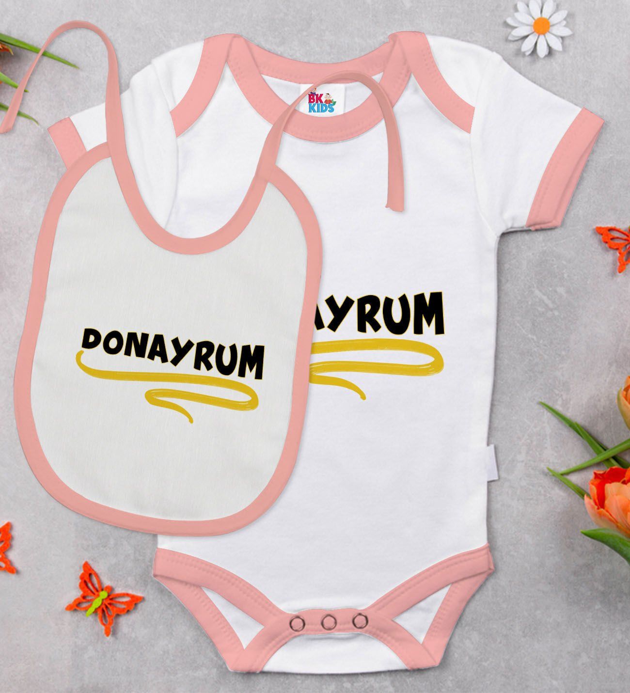 BK Kids Donayrum Tasarımlı Pembe Bebek Body Zıbın ve Mama Önlüğü Hediye Seti-1