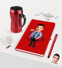 Kişiye Özel Bay Polis Karikatürlü Kırmızı Defter Kalem Termos Mug Seti - 1