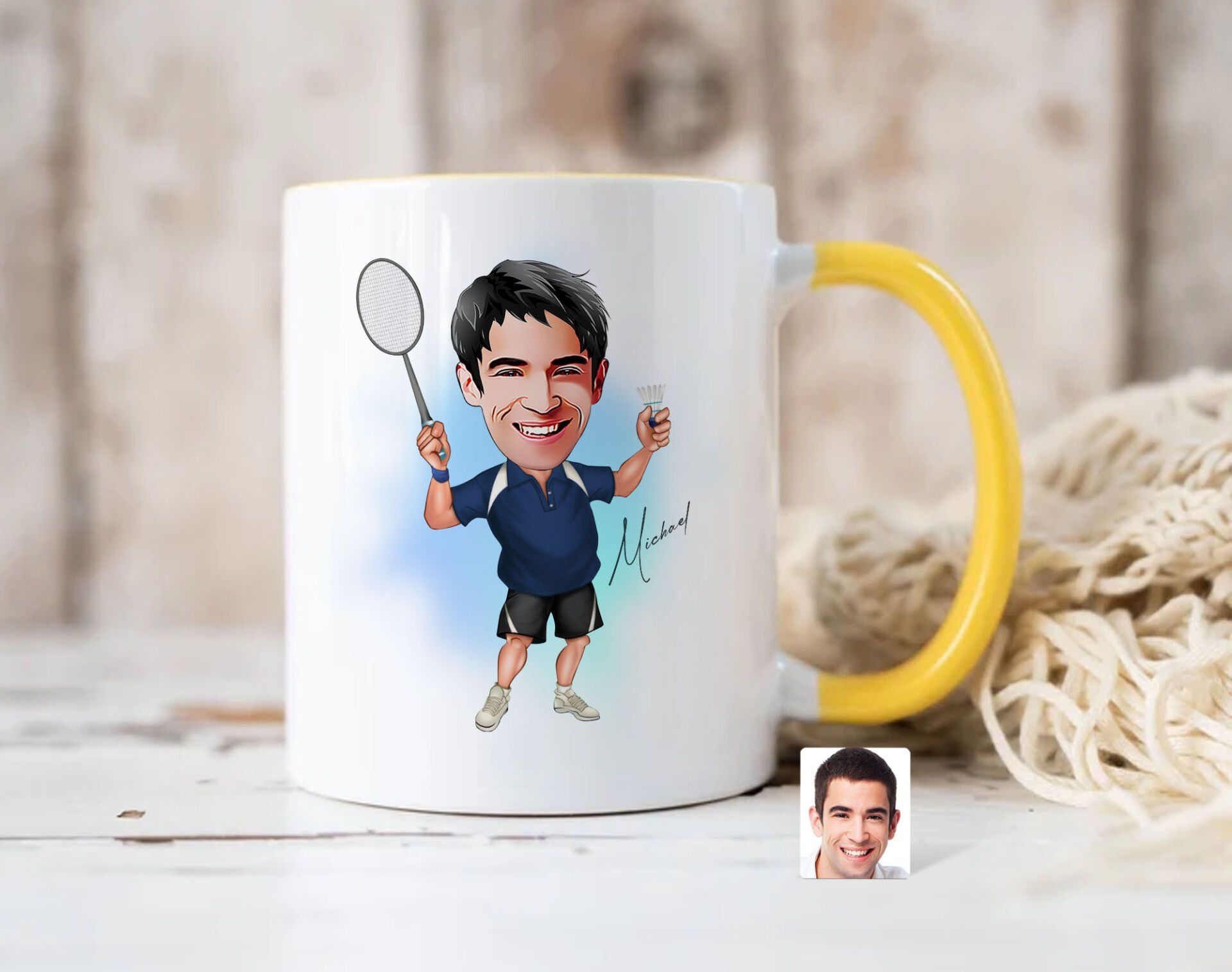 Bk Gift Kişiye Özel Badminton Karikatürlü Sarı Kupa Bardak-1, Sevgiliye Hediye, Arkadaşa Hediye