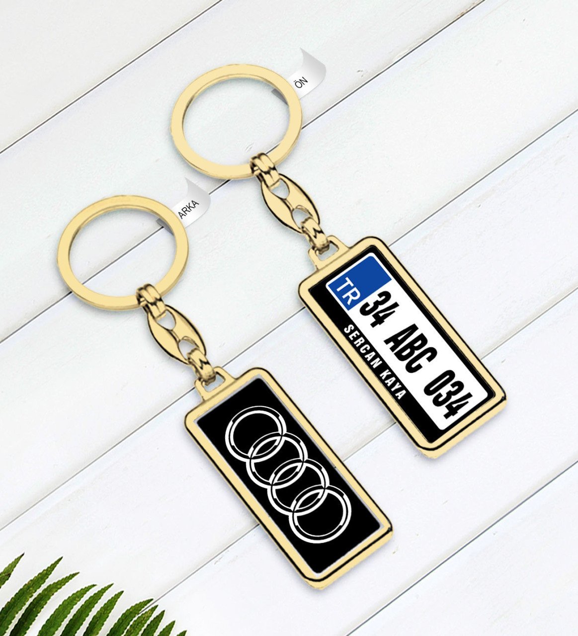 Kişiye Özel Plakalı Audi Logolu Çift Taraflı Gold Krom Anahtarlık-2