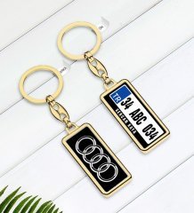 Kişiye Özel Plakalı Audi Logolu Çift Taraflı Gold Krom Anahtarlık-2