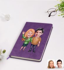 Kişiye Özel Sevgililer Karikatürlü Mor Termo Deri Defter Model 110