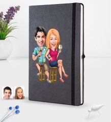 Kişiye Özel Sevgililer Karikatürlü Siyah Termo Deri Defter 16x24cm Model 51