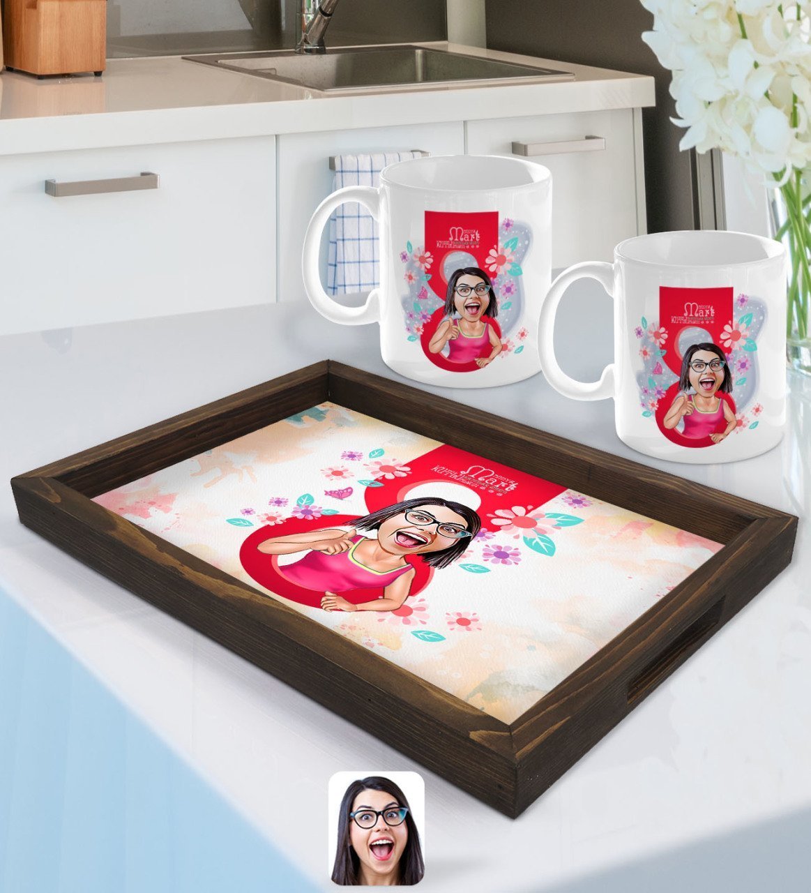 Kişiye Özel Kadınlar Günü Karikatürlü Doğal Ahşap Tepsi ve 2’li Kupa Bardak Seti-3