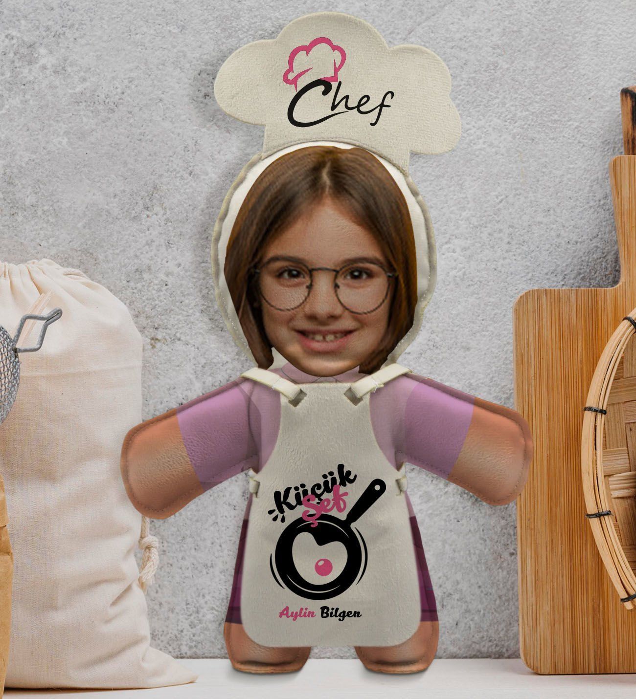 BK Gift Kişiye Özel Fotoğraflı Kız Çocuk Chef Bebek Yastık-1