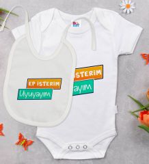 BK Kids Ep İsterim Tasarımlı Beyaz Bebek Body Zıbın ve Mama Önlüğü Hediye Seti-3
