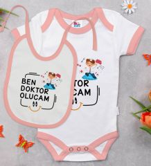 BK Kids Doktor Olucam Tasarımlı Pembe Bebek Body Zıbın ve Mama Önlüğü Hediye Seti-1