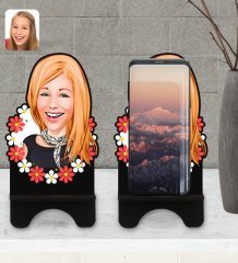 Kişiye Özel Kadın Karikatürlü Ahşap Biblo Telefon Standı-51
