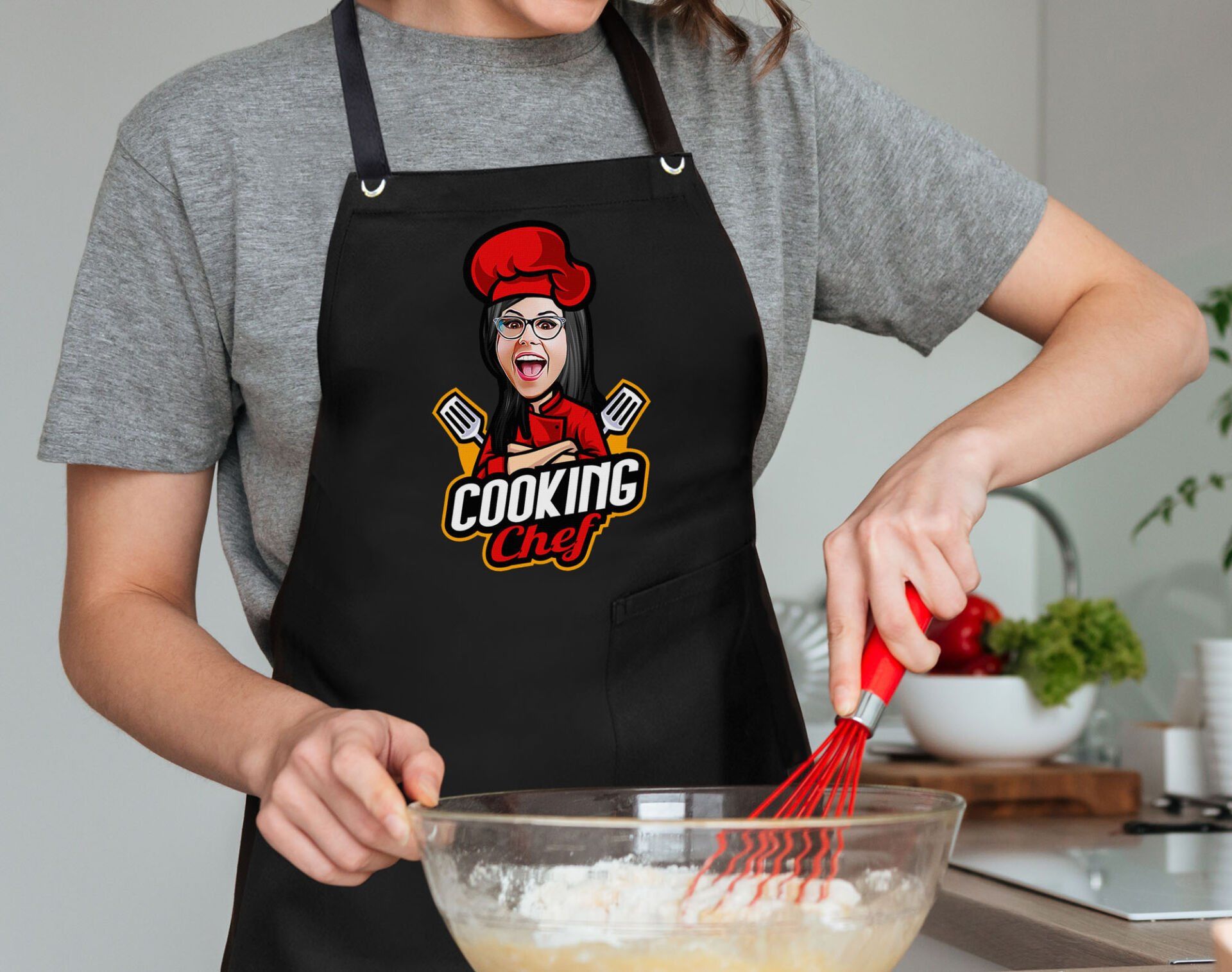 BK Gift Kişiye Özel Kadın Chef Karikatürlü Profesyonel Siyah Mutfak Önlüğü, Aşçı Önlüğü, Şef Önlüğü, Arkadaşa Hediye-4