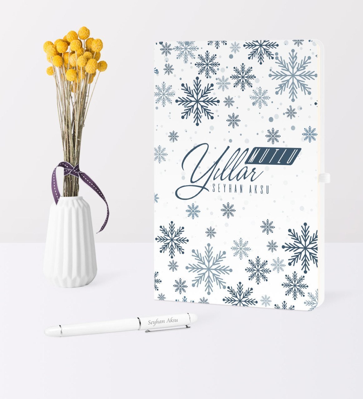 Kişiye Özel Yılbaşı Mutlu Yıllar Temalı Beyaz Defter Kalem Seti - 17